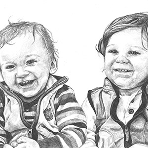 black and white pencil drawing of twin boys