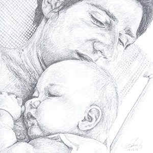 black and white pencil drawing of dad holding sleeping