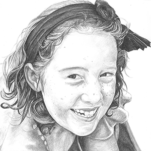 black and white pencil drawing of girl with bow in her hair