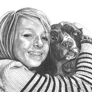 black and white pencil drawing of girl and dog