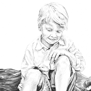 black and white pencil drawing of boy sitting on tree branch