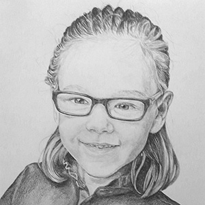black and white pencil drawing of girl with glasses