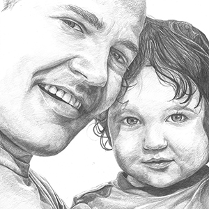 black and white pencil drawing of dad and child