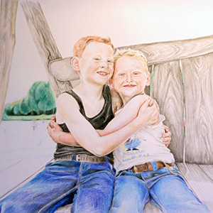 colour pencil drawing of 2 brothers hugging