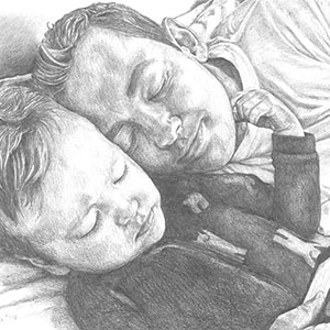 black and white pencil drawing of dad and child watching mobile