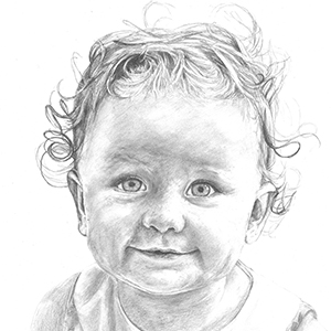 black and white pencil drawing of baby girl with curly hair